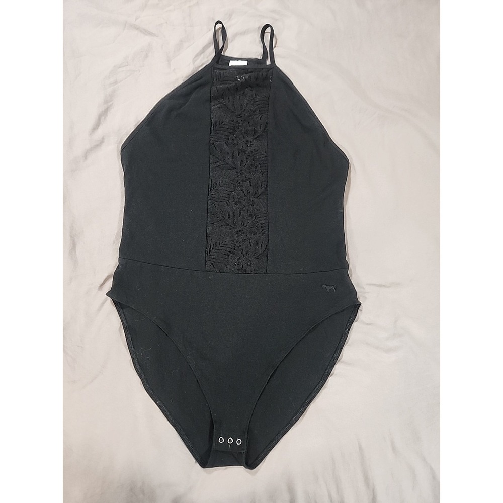 VS Black Bodysuit Victorias Secret PINK‎ Size L Snap Bottom Mesh Lace Bodysuit